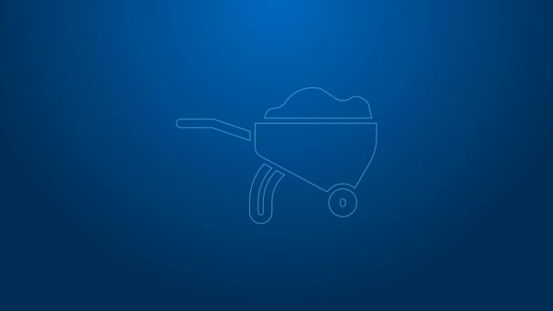White line Wheelbarrow with dirt icon isolated on blue background. Tool equipment. Agriculture cart wheel farm. 4K Video motion graphic animation — Stock Video