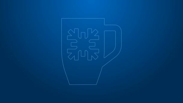 Weiße Linie Kaffeetasse mit Schneeflockensymbol isoliert auf blauem Hintergrund. Teetasse vorhanden. Heißes Getränk Kaffee. Frohe Weihnachten und ein gutes neues Jahr. 4K Video Motion Grafik Animation — Stockvideo