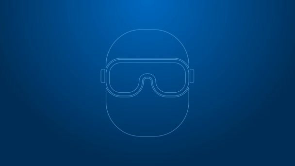 Línea blanca Icono de gafas de esquí aisladas sobre fondo azul. Deporte extremo. Equipamiento deportivo. Animación gráfica de vídeo 4K — Vídeos de Stock