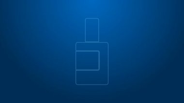 Beyaz çizgi plastik şişe çamaşır deterjanı, çamaşır suyu, bulaşık deterjanı ya da mavi arka planda izole edilmiş başka bir temizlik maddesi. 4K Video hareketli grafik canlandırması