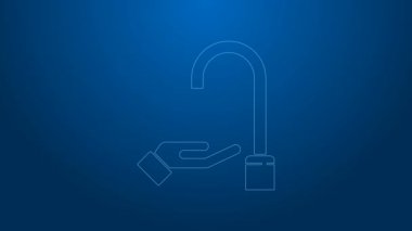 Mavi arka planda izole edilmiş sabun ikonu ile ellerini yıkayan beyaz çizgi. Virüs ve bakterileri önlemek için ellerini sabunla yıkıyorsun. 4K Video hareketli grafik canlandırması