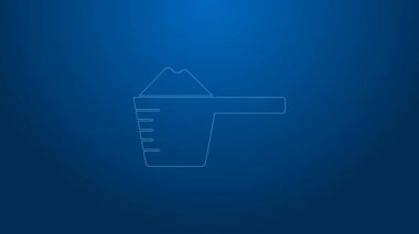 Mavi arka planda izole edilmiş bir ölçü kabında beyaz çizgi yıkama tozu. 4K Video hareketli grafik canlandırması