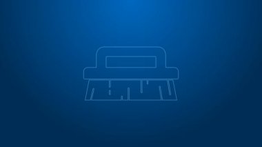 Temizlik simgesi için beyaz çizgi fırçası mavi arkaplanda izole edildi. 4K Video hareketli grafik canlandırması