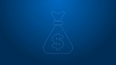 Beyaz çizgi Para Çantası simgesi mavi arkaplanda izole edildi. Dolar ya da USD sembolü. Nakit bankacılık tabelası. 4K Video hareketli grafik canlandırması