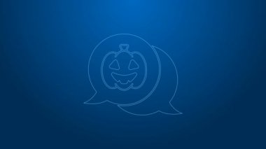 Beyaz çizgi balkabağı simgesi mavi arkaplanda izole edildi. Mutlu Cadılar Bayramı Partisi. 4K Video hareketli grafik canlandırması