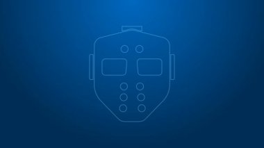 Beyaz çizgi hokey maskesi simgesi mavi arkaplanda izole edildi. Mutlu Cadılar Bayramı Partisi. 4K Video hareketli grafik canlandırması