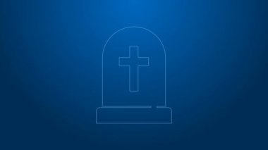 Mavi arka planda çapraz simgesi olan beyaz çizgi Tombstone. Mezar ikonu. Mutlu Cadılar Bayramı Partisi. 4K Video hareketli grafik canlandırması