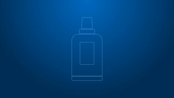 Línea blanca Botella de plástico para detergente de lavandería, lejía, líquido lavavajillas u otro icono de agente de limpieza aislado sobre fondo azul. Animación gráfica de vídeo 4K — Vídeo de stock