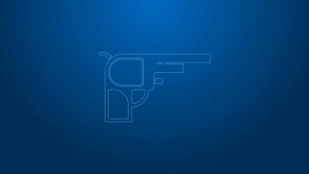 Beyaz çizgi Revolver silah ikonu mavi arkaplanda izole edildi. 4K Video hareketli grafik canlandırması — Stok video