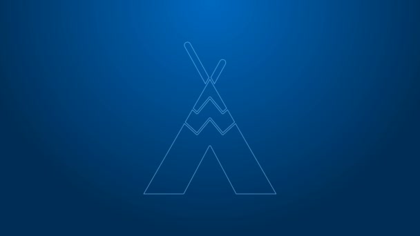 White line Traditional indian teepee or wigwam icon isolated on blue background. Indian tent. 4K Video motion graphic animation — Stock Video