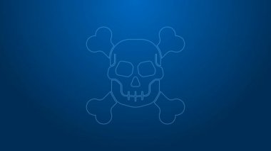 Çapraz kemik simgesindeki beyaz çizgi Skull mavi arka planda izole edildi. Mutlu Cadılar Bayramı Partisi. 4K Video hareketli grafik canlandırması