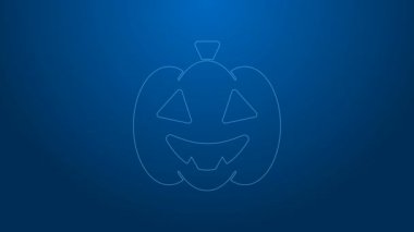 Beyaz çizgi balkabağı simgesi mavi arkaplanda izole edildi. Mutlu Cadılar Bayramı Partisi. 4K Video hareketli grafik canlandırması