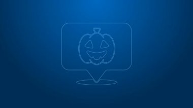 Beyaz çizgi balkabağı simgesi mavi arkaplanda izole edildi. Mutlu Cadılar Bayramı Partisi. 4K Video hareketli grafik canlandırması