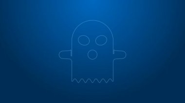 Beyaz çizgi Hayalet simgesi mavi arkaplanda izole edildi. Mutlu Cadılar Bayramı Partisi. 4K Video hareketli grafik canlandırması