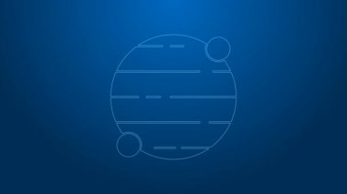 Beyaz çizgi gezegen simgesi mavi arkaplanda izole edildi. 4K Video hareketli grafik canlandırması