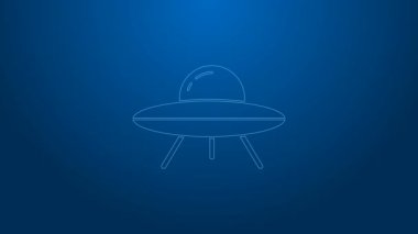 Beyaz çizgi UFO uçan uzay gemisi simgesi mavi arkaplanda izole edildi. Uçan daire. Uzaylı uzay gemisi. Gelecekteki bilinmeyen uçan nesne. 4K Video hareketli grafik canlandırması