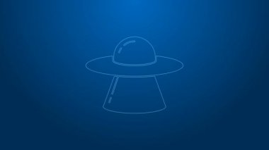 Beyaz çizgi UFO uçan uzay gemisi simgesi mavi arkaplanda izole edildi. Uçan daire. Uzaylı uzay gemisi. Gelecekteki bilinmeyen uçan nesne. 4K Video hareketli grafik canlandırması