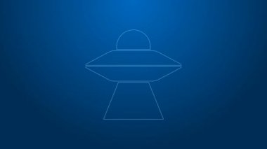 Beyaz çizgi UFO uçan uzay gemisi simgesi mavi arkaplanda izole edildi. Uçan daire. Uzaylı uzay gemisi. Gelecekteki bilinmeyen uçan nesne. 4K Video hareketli grafik canlandırması