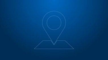 Mavi arkaplanda beyaz çizgi haritası simgesi izole edildi. Navigasyon, işaret, konum, harita, GPS, yön, yer, pusula, arama konsepti. 4K Video hareketli grafik canlandırması