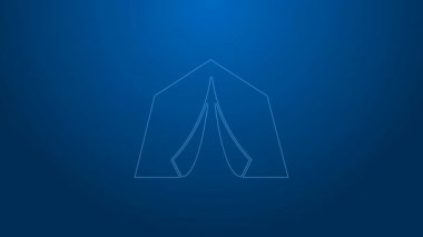 Mavi arka planda beyaz çizgi turist çadırı simgesi izole edildi. Kamp sembolü. 4K Video hareketli grafik canlandırması