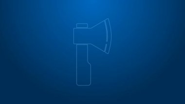 Beyaz çizgi ahşap balta simgesi mavi arkaplanda izole edildi. Oduncu baltası. 4K Video hareketli grafik canlandırması