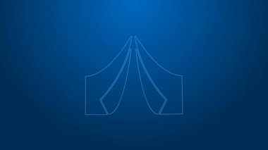 Mavi arka planda beyaz çizgi turist çadırı simgesi izole edildi. Kamp sembolü. 4K Video hareketli grafik canlandırması