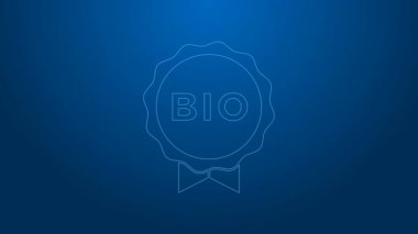 Beyaz çizgi Banner, etiket, etiket, biyoyeşil sağlıklı gıda ikonu için logo mavi arka planda izole. Organik ürün. Sağlıklı yemek etiketi. 4K Video hareketli grafik canlandırması