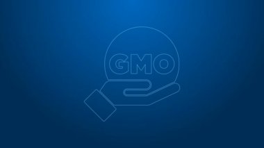 Mavi arkaplanda beyaz çizgi GDO simgesi izole edildi. Genetik olarak değiştirilmiş organizma kısaltması. DNA gıda modifikasyonu. 4K Video hareketli grafik canlandırması