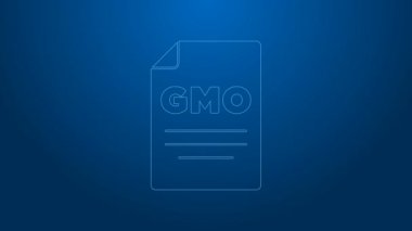 Mavi arkaplanda beyaz çizgi GDO simgesi izole edildi. Genetik olarak değiştirilmiş organizma kısaltması. DNA gıda modifikasyonu. 4K Video hareketli grafik canlandırması