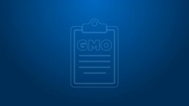 Mavi arkaplanda beyaz çizgi GDO simgesi izole edildi. Genetik olarak değiştirilmiş organizma kısaltması. DNA gıda modifikasyonu. 4K Video hareketli grafik canlandırması