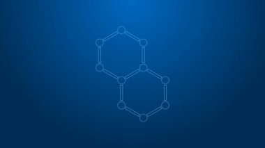Beyaz çizgi kimyasal formül ikonu mavi arkaplanda izole edildi. Yenilikçi tıp, sağlık, araştırma ve bilim için soyut altıgen. 4K Video hareketli grafik canlandırması