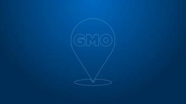 Mavi arkaplanda beyaz çizgi GDO simgesi izole edildi. Genetik olarak değiştirilmiş organizma kısaltması. DNA gıda modifikasyonu. 4K Video hareketli grafik canlandırması