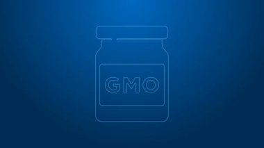 Mavi arkaplanda beyaz çizgi GDO simgesi izole edildi. Genetik olarak değiştirilmiş organizma kısaltması. DNA gıda modifikasyonu. 4K Video hareketli grafik canlandırması
