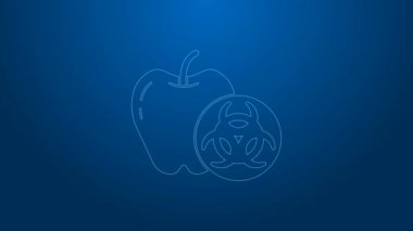 Beyaz çizgi mavi arka planda genetik olarak değiştirilmiş elma simgesi izole edildi. GDO meyvesi. 4K Video hareketli grafik canlandırması