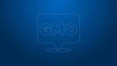 Mavi arkaplanda beyaz çizgi GDO simgesi izole edildi. Genetik olarak değiştirilmiş organizma kısaltması. DNA gıda modifikasyonu. 4K Video hareketli grafik canlandırması