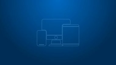 Beyaz çizgi bilgisayar monitörü, grafik tablet ve cep telefonu simgesi mavi arkaplanda izole edildi. İnternetten kazanç, pazarlama. 4K Video hareketli grafik canlandırması