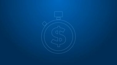 Beyaz Çizgi Saati, mavi arkaplanda izole edilmiş para simgesidir. Para zamandır. Etkili zaman yönetimi. Zamanı paraya çevir. Kronometre işareti. 4K Video hareketli grafik canlandırması