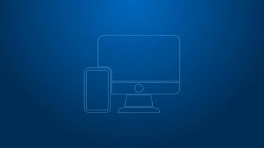Beyaz çizgi bilgisayar monitörü ve cep telefonu simgesi mavi arkaplanda izole edildi. İnternetten kazanç, pazarlama. 4K Video hareketli grafik canlandırması