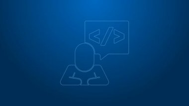 Beyaz çizgi web tasarımı ve ön uç geliştirme simgesi mavi arkaplanda izole edildi. 4K Video hareketli grafik canlandırması