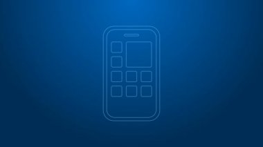Mavi arkaplanda beyaz çizgi Mobil Uygulamalar simgesi izole edildi. Ekran simgeli akıllı telefon, uygulamalar. Cep telefonu ekranı görünüyor. 4K Video hareketli grafik canlandırması