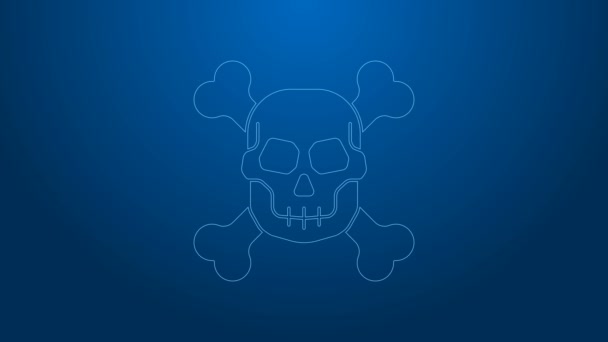 White line Skull on crossbones icon isolated on blue background. Happy Halloween party. 4K Video motion graphic animation — Stock Video