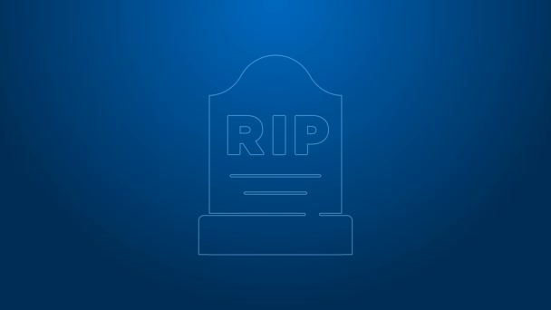 Белая строка Томаса с написанным на ней значком RIP выделена на синем фоне. Значок могилы. Видеографическая анимация 4K — стоковое видео