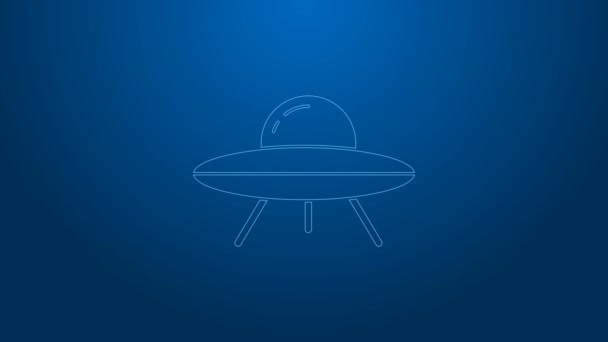 Біла лінія Ікона літаючого космічного корабля UFO ізольована на синьому тлі. Літаючий блюдце. Чужий космічний корабель. Футуристичний невідомий літаючий об'єкт. 4K Відеографічна анімація — стокове відео