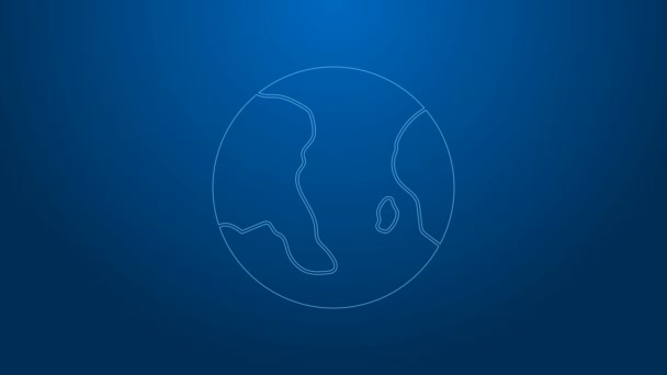 Bílá čára Země globus ikona izolované na modrém pozadí. Světová nebo pozemská značka. Globální internetový symbol. Geometrické tvary. Grafická animace pohybu videa 4K — Stock video