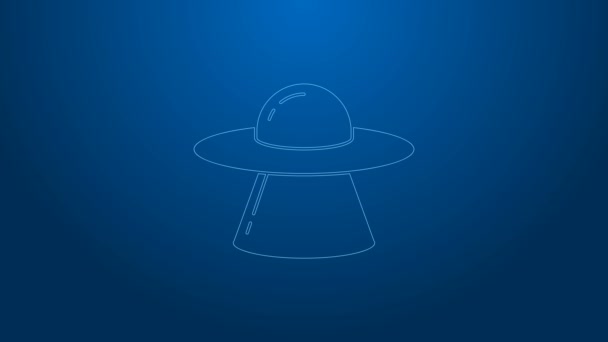 Hvid linje UFO flyvende rumskib ikon isoleret på blå baggrund. Flyvende tallerken. Rumskib fra rummet. Futuristisk ukendt flyvende objekt. 4K Video bevægelse grafisk animation – Stock-video