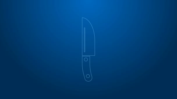 Beyaz çizgi bıçak simgesi mavi arkaplanda izole edildi. Çatal bıçak sembolü. 4K Video hareketli grafik canlandırması — Stok video