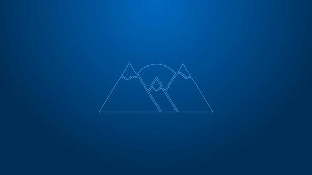 白い線の山のアイコンの青の背景に隔離された。勝利や成功の概念の象徴。4Kビデオモーショングラフィックアニメーション — ストック動画