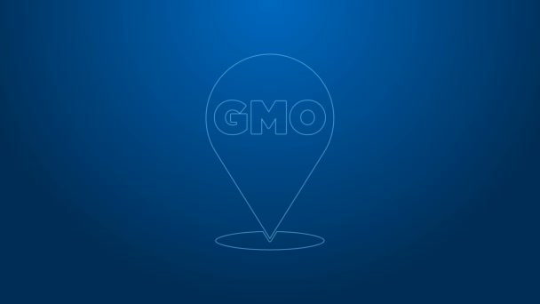 Biała linia ikona GMO izolowana na niebieskim tle. Genetycznie zmodyfikowany akronim organizmu. Modyfikacja żywności Dna. 4K Animacja graficzna ruchu wideo — Wideo stockowe