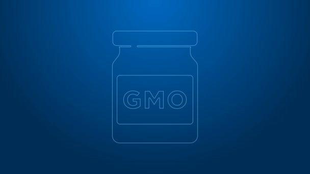 Biała linia ikona GMO izolowana na niebieskim tle. Genetycznie zmodyfikowany akronim organizmu. Modyfikacja żywności Dna. 4K Animacja graficzna ruchu wideo — Wideo stockowe