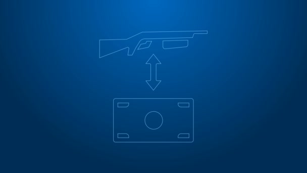 Белая линия Покупка штурмовых винтовок с иконкой ценника на синем фоне. Покупаю оружие. Видеографическая анимация 4K — стоковое видео